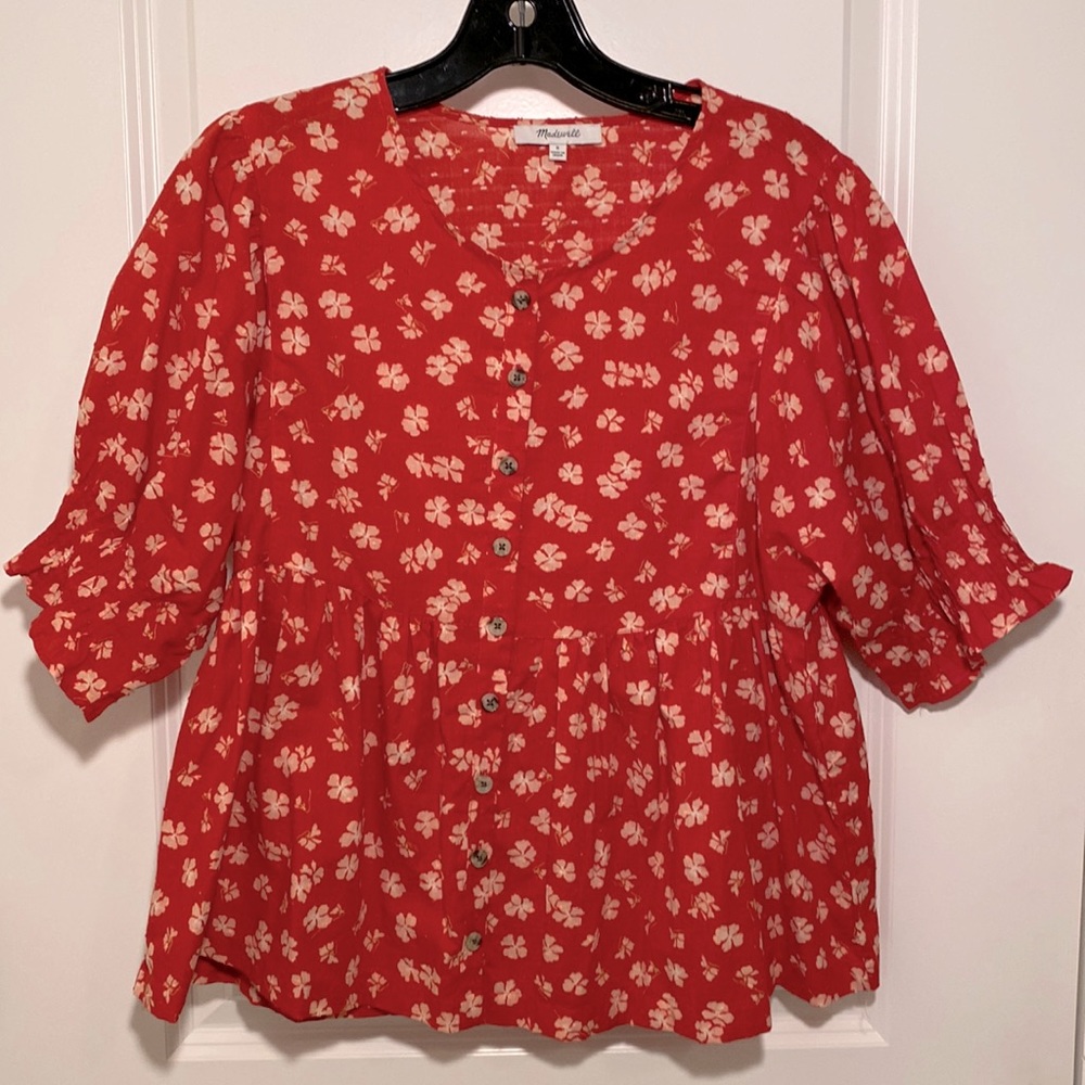 Madewell Red Floral Button-Front Peplum Top